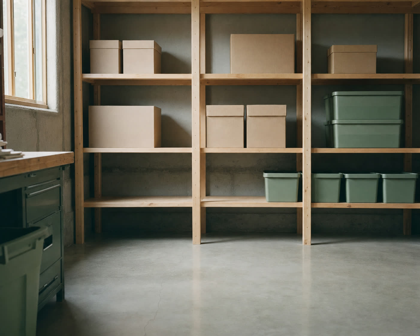 A tidy, organized storage room with neatly arranged boxes and bins on wooden shelving